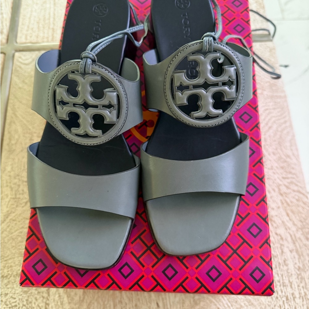 Tory Burch Olive Gray Miller Logo Slide Sandals